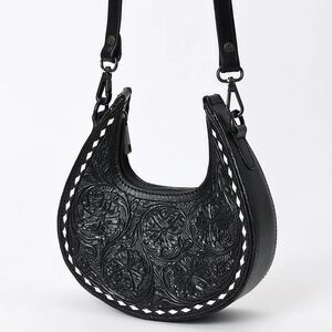 American Darling Black Half-Moon Hand-Tooled Leather Crossbody Bag Western Chic